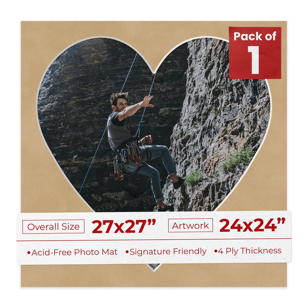 Beige Suede Mat Board for 27x27 Frames - Heart Opening for 24x24 Photos